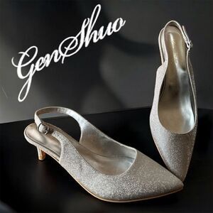 GenShuo Women's Formal Sparkling Silver Slingback 2" Kitten Heel Pumps
